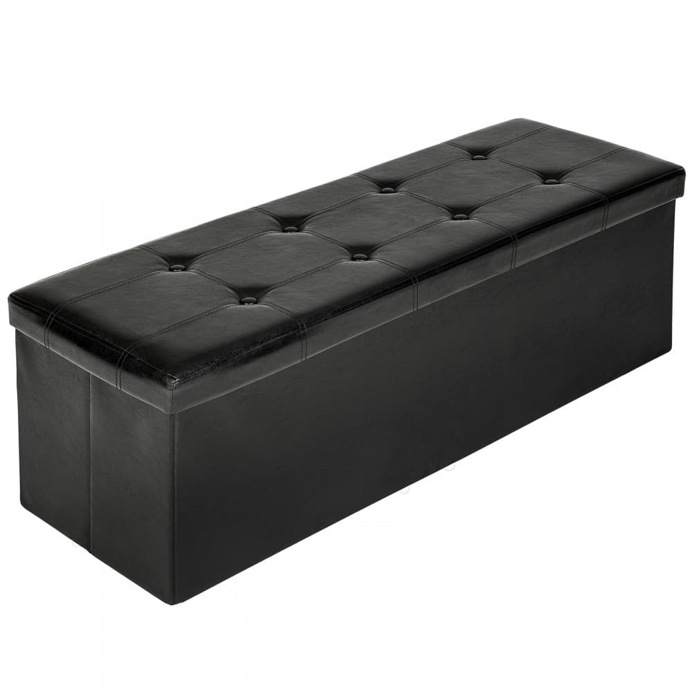 Foldable storage bench in black synthetic leather, measuring 110x38x38cm, featuring a tufted top and a sleek, modern design for versatile use.