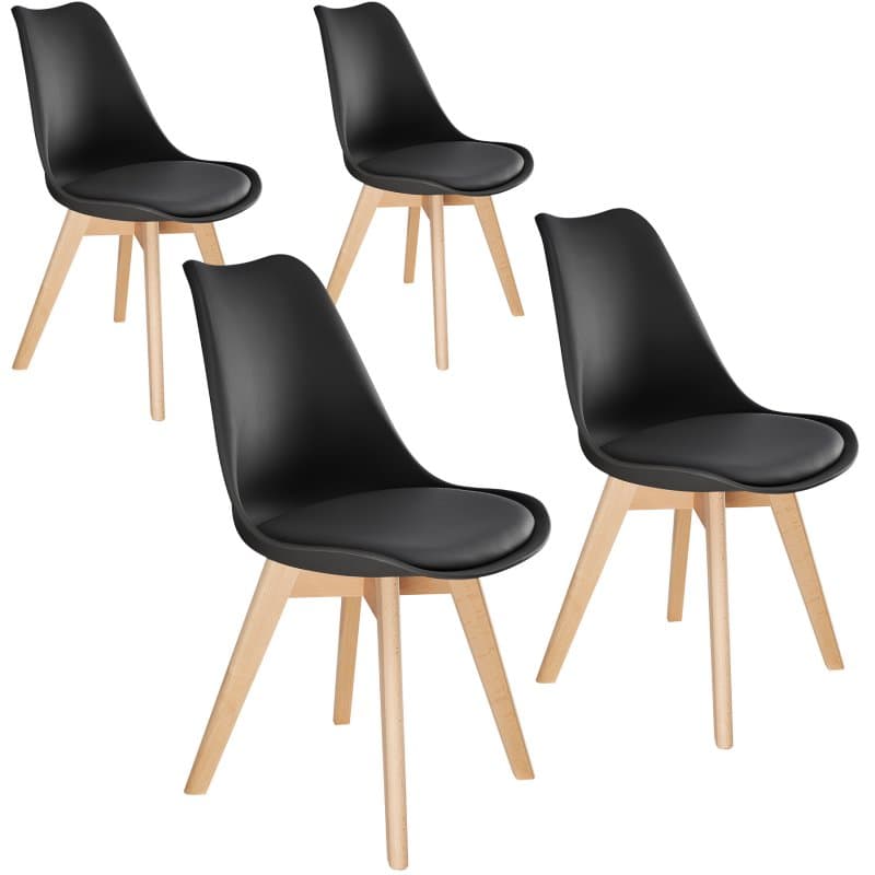 Set of four black dining chairs with a sleek, curved plastic seat and natural wood legs, offering a modern and minimalist design suitable for various dining spaces.