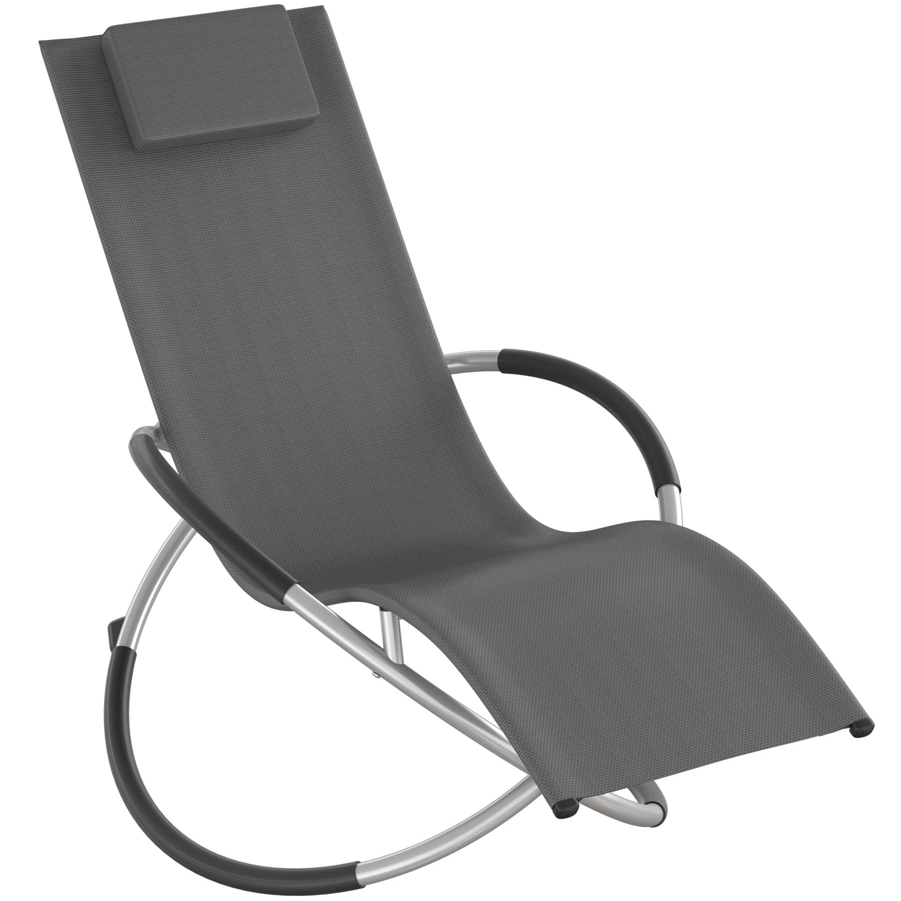 Ergonomic grey sun lounger with a breathable fabric, foldable design, and a cushioned headrest, featuring a sturdy metal frame with curved armrests.