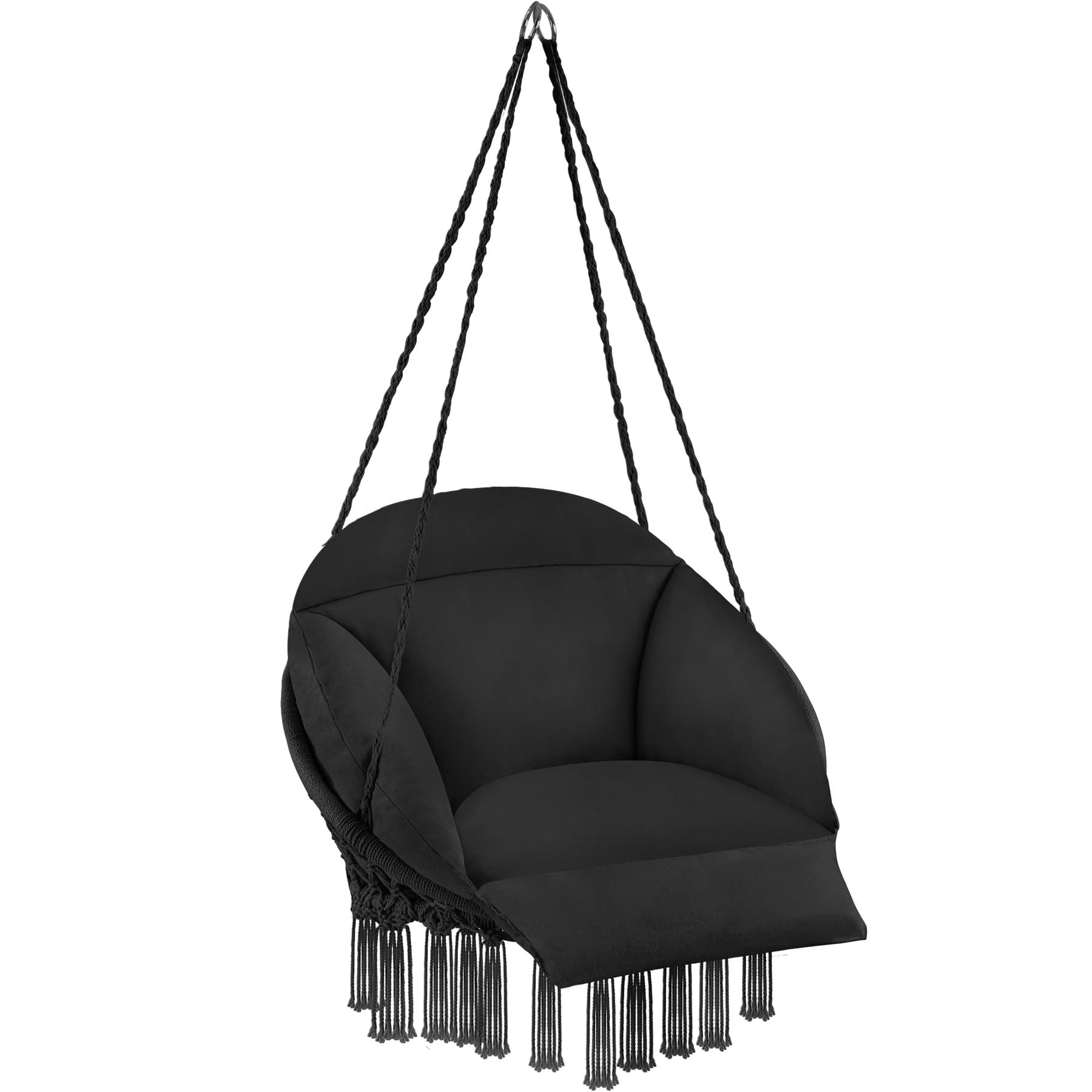 Black hanging chair with a thick seat cushion and stable retaining ropes, featuring decorative fringe along the bottom, designed for comfort and style.