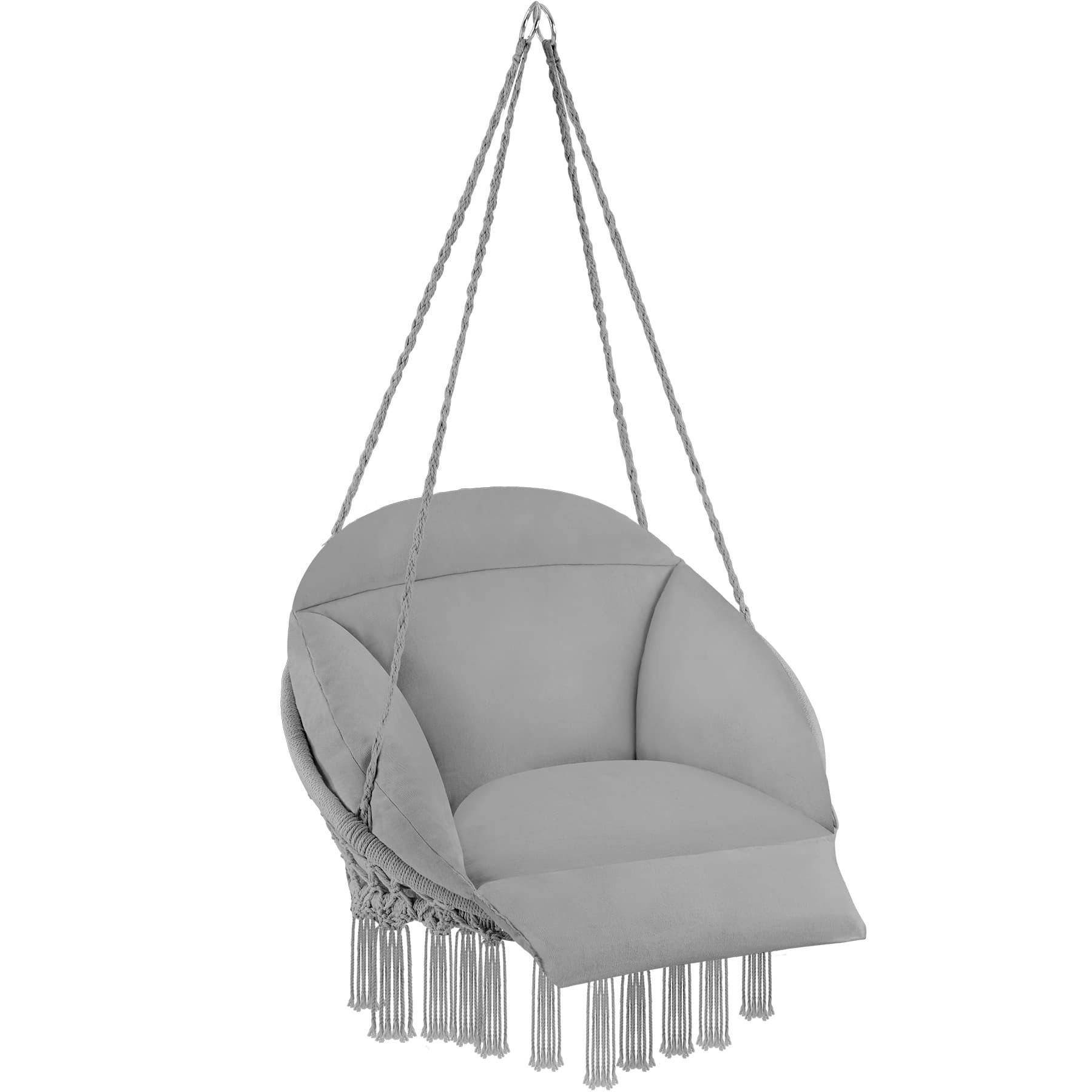 Hanging chair in grey with a thick seat cushion, featuring stable retaining ropes and decorative fringes along the bottom.