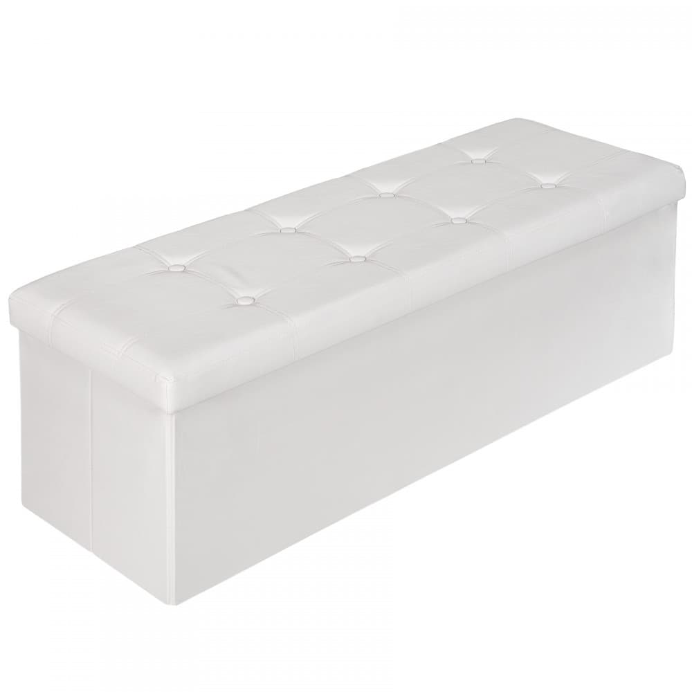Foldable storage bench in white synthetic leather, measuring 110x38x38cm, featuring a tufted top and a sleek, modern design.