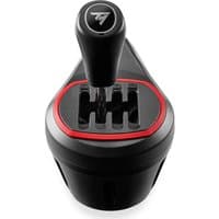 Black Thrustmaster TH8S Shifter with red accents, featuring a gear stick and H-pattern gear slots.