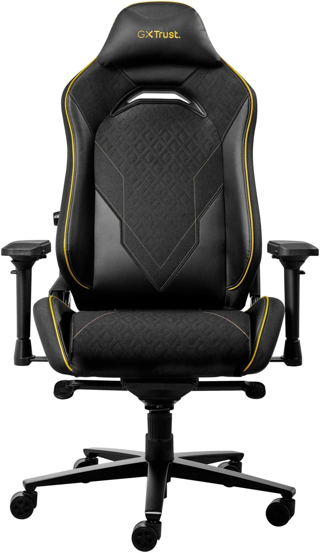 Black gaming chair with a sleek design, featuring a textured fabric, yellow accents, adjustable armrests, and a high backrest for ergonomic support.