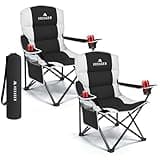 Black Voyager folding camping chairs, padded, with cooler bag, lightweight steel frame, and armrest cup holders.