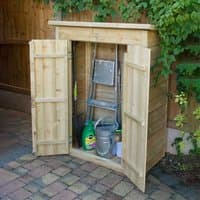 Wooden garden storage unit with double doors, pent roof, and overlap cladding, placed on a patio with garden tools inside.