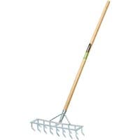 Long-handled steel harrow rake and scarifier with wooden handle and metal tines, by Draper.