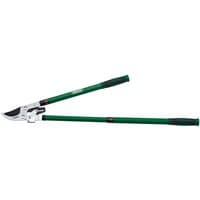 Telescopic ratchet bypass loppers with green steel handles and black grips by Draper.