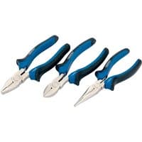 Set of three Draper pliers with blue and black rubber grips, including needle-nose, diagonal, and combination pliers.
