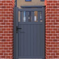 Grey metal side gate with partial privacy slats, black handle, set between red brick pillars.