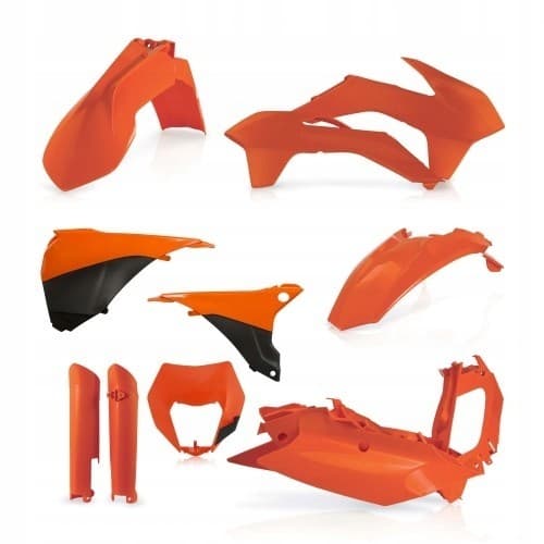 Acerbis Full Plastics Kit in vibrant orange for KTM EXC/EXC-F models 125-540 (2014-15), featuring durable plastic components including fenders, side panels, and a front number plate.