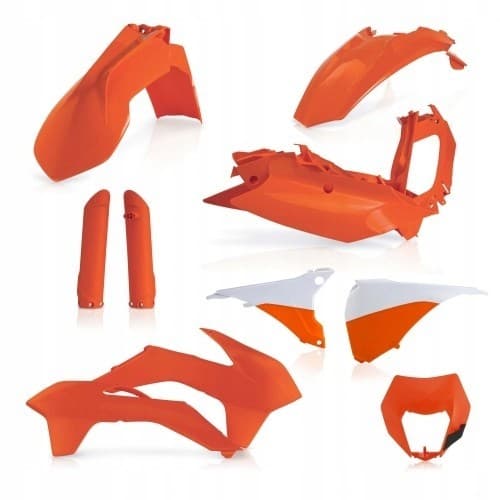 Acerbis Full Plastics Kit for KTM EXC125/250/300 & EXC-F 2016, featuring vibrant orange plastic parts including fenders, side panels, and a front number plate.