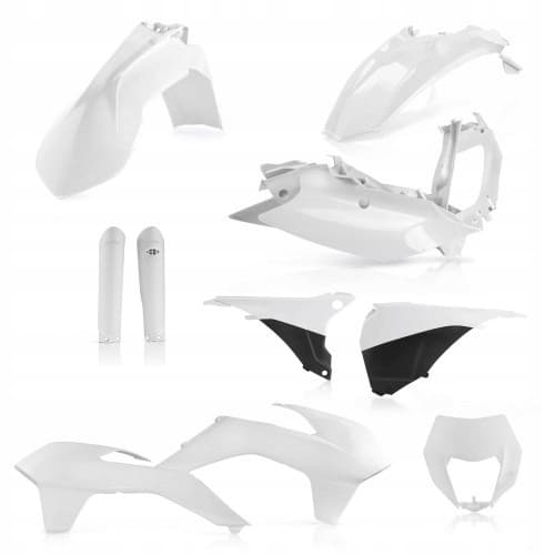 Acerbis Full Plastics Kit in white for KTM EXC/EXC-F models, featuring various body panels including fenders, side panels, and a front number plate, designed for 2016 models.