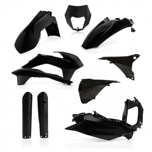 Acerbis Full Plastics Kit for KTM EXC/EXC-F in black, featuring various plastic components including fenders, side panels, and a front number plate, designed for 2016 models.