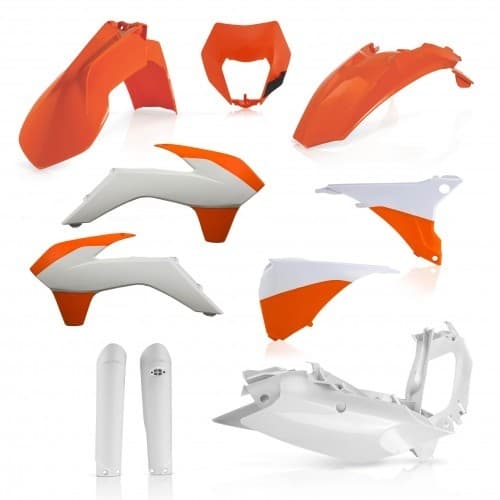 Acerbis Full Plastics Kit for KTM EXC125/250/300 & EXC-F 2016, featuring vibrant orange and white plastic components, including fenders, side panels, and a front number plate.