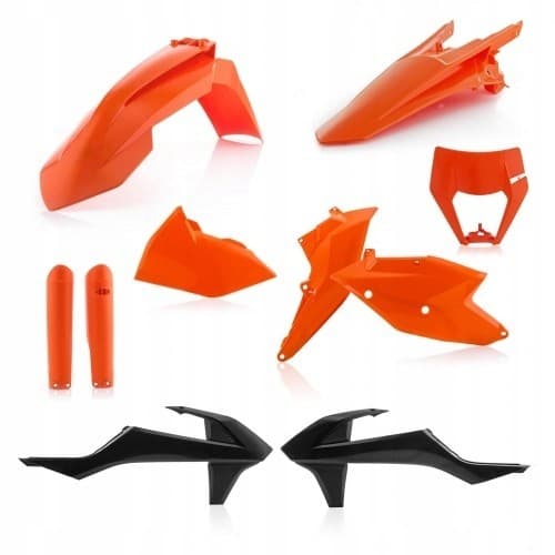 Acerbis Full Enduro Plastics Kit featuring orange plastic body panels, including front fender, side panels, and black rear side panels, designed for KTM EXC-F and XC-W models 2017-19.
