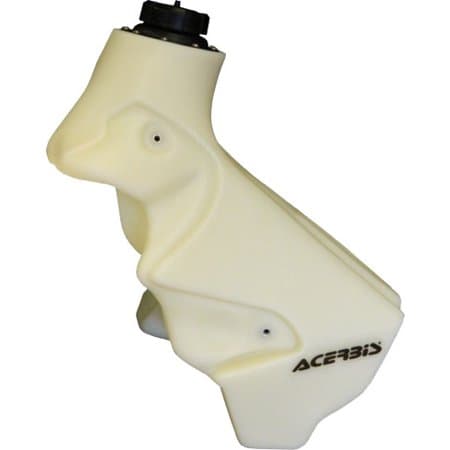 Clear plastic fuel tank by Acerbis for Yamaha YZ 125/250 (2005-2021), featuring a 12L capacity and a distinctive ergonomic design with a black cap.