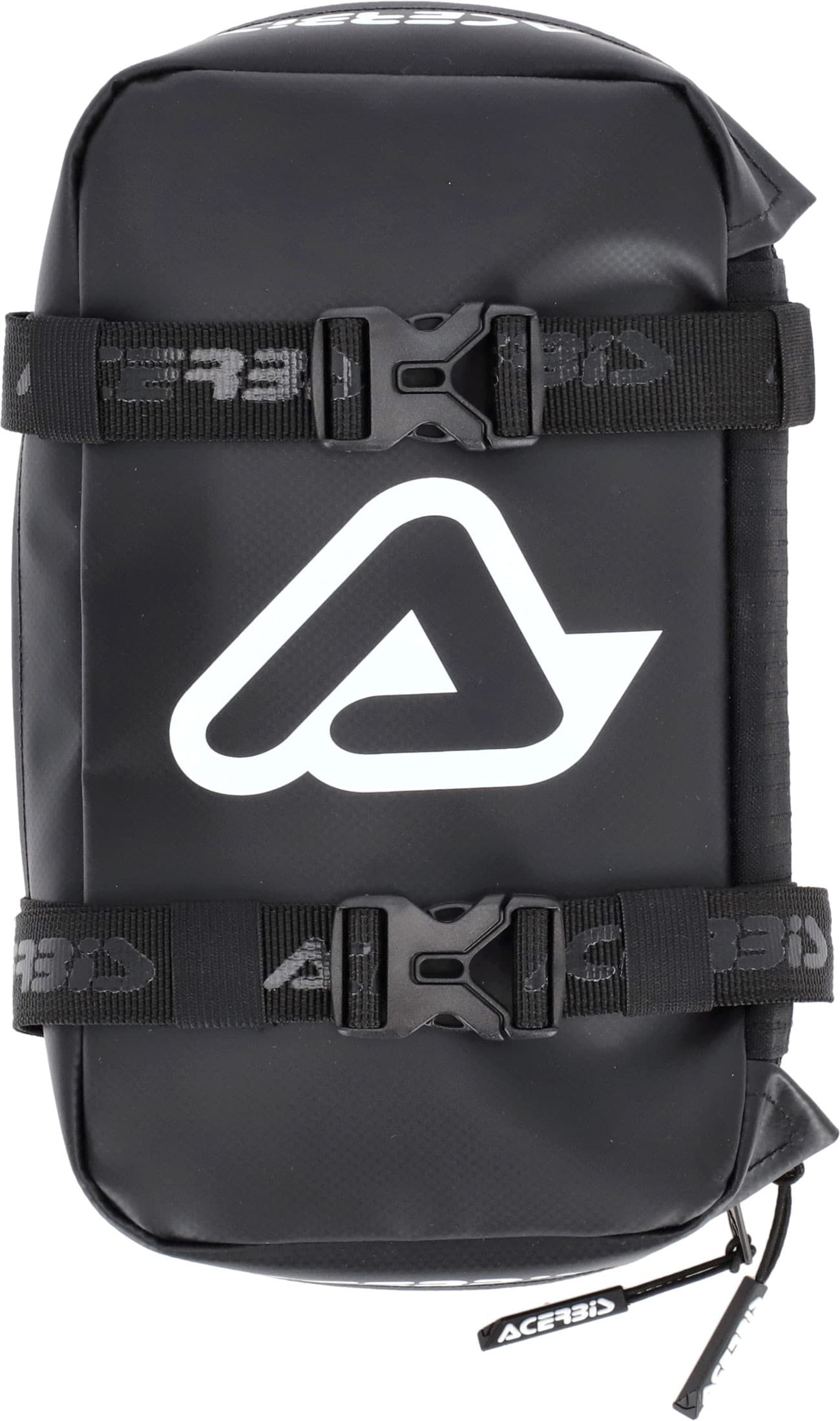 Black Acerbis tool bag with a large white logo, featuring adjustable straps and a durable material, designed for easy attachment to a fender.