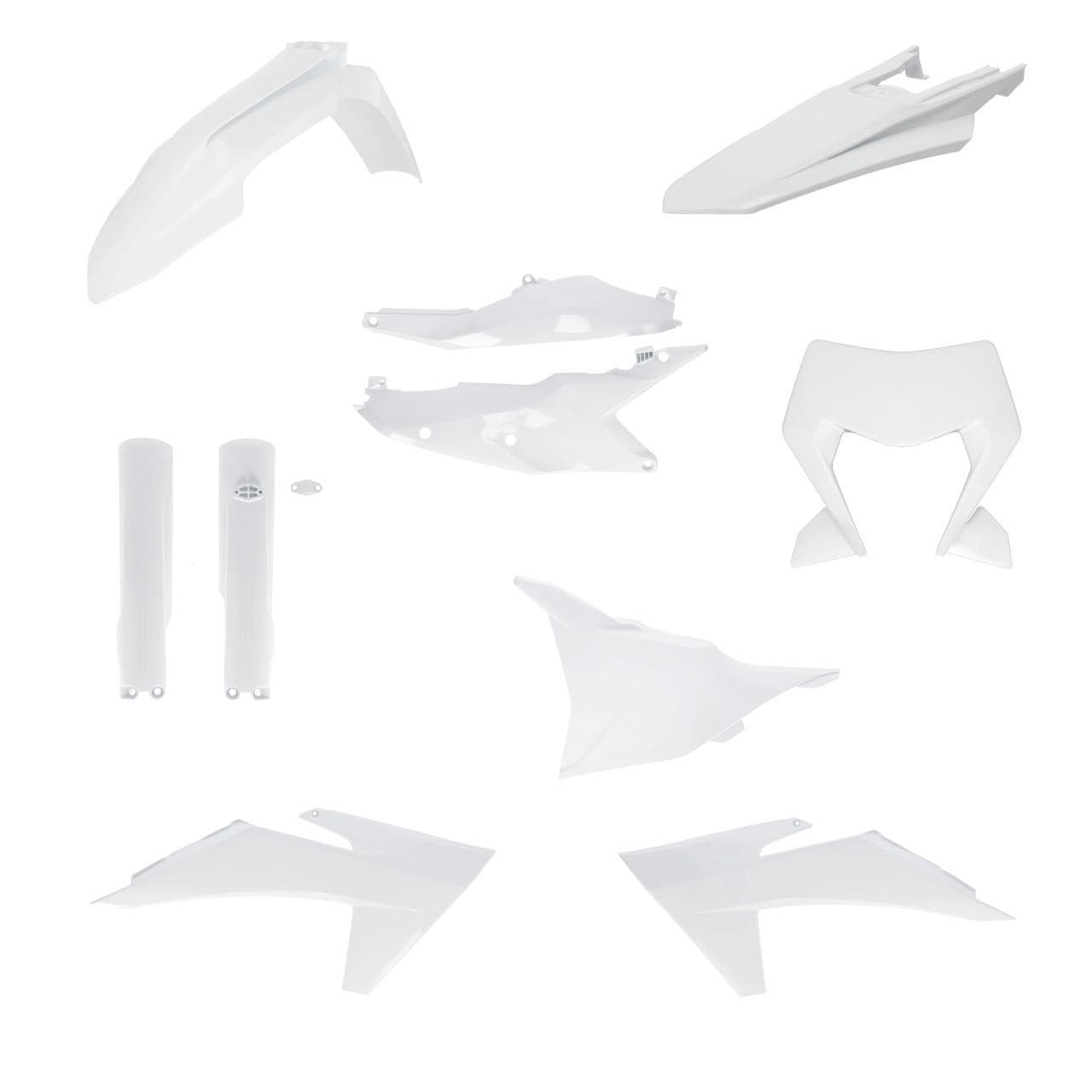 Acerbis Full Plastics Kit in white for KTM EXC and XC-W models (2024-2025) featuring various plastic components including fenders, side panels, and fork guards.