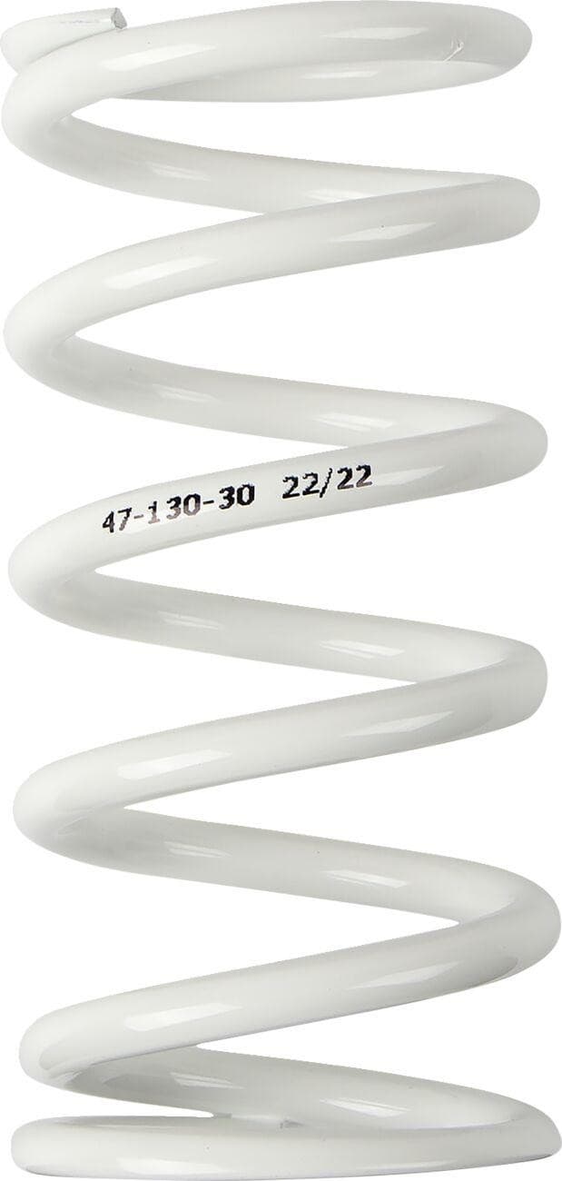 White shock spring with a spiral design, marked with "47-130-30 22/22," designed for Husqvarna EE 5 models from 2020 to 2024, featuring a stiffness of 30 N/mm.