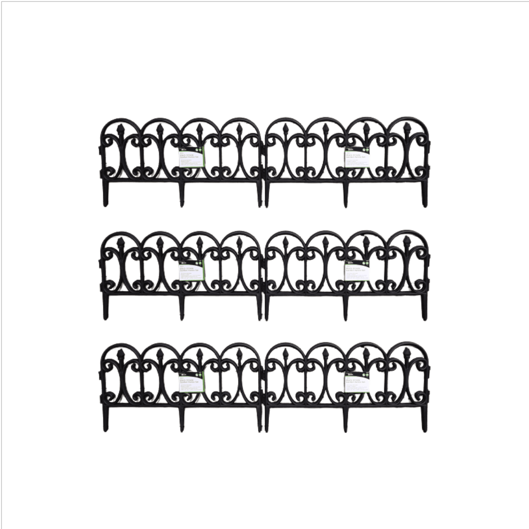Black ornate garden border fence edging set, featuring four 23cm sections with decorative curves and sturdy construction, ideal for landscaping and garden decoration.