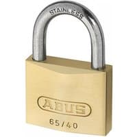 Brass ABUS padlock with stainless steel shackle, model 65Ib/40Mm, featuring embossed logo and carded packaging.
