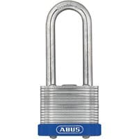 ABUS Mechanical laminated padlock with long shackle, silver body, blue base, and ABUS logo on the bottom.