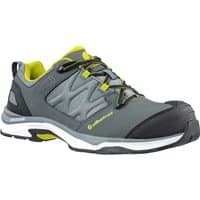 Gray Albatros Ultratrail Low Lace Up Safety Shoe with black toe cap, neon green accents, and cushioned sole.