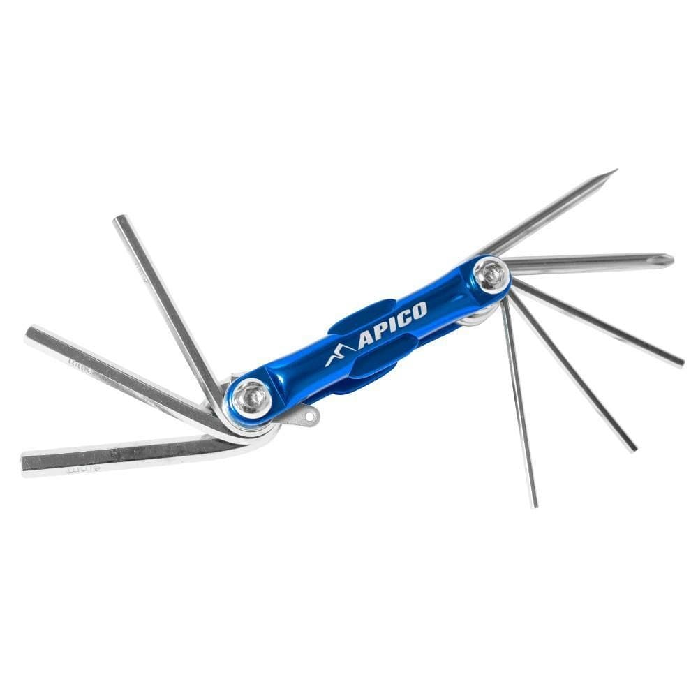 Apico 8-piece multi-tool featuring a blue aluminum handle with silver hex head keys and screwdrivers, compact design for easy portability.