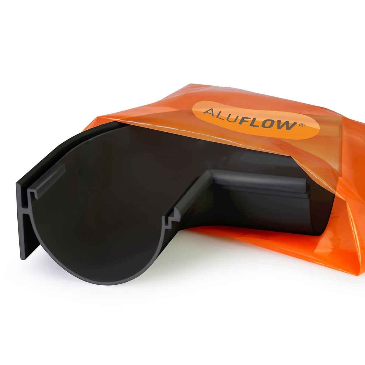 Black deepflow internal angle gutter made of durable material, featuring a smooth finish and a 90-degree bend, packaged in an orange bag with the Aluflow logo.