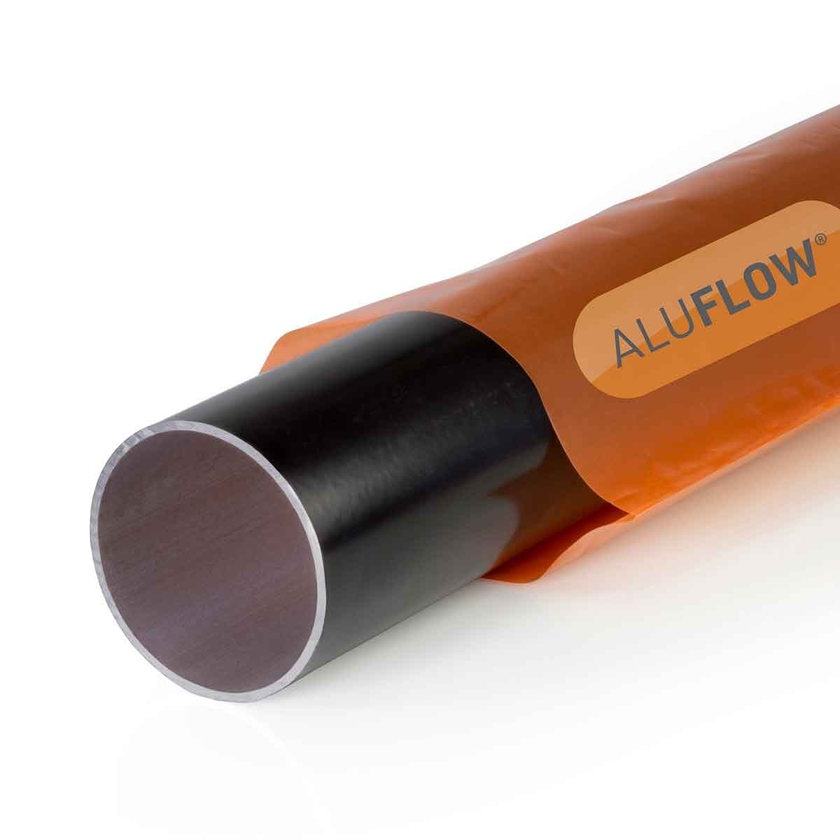 Black 2.5M downpipe made of aluminum, featuring a smooth, shiny surface and a protective orange sleeve with the "ALUFLow" logo.