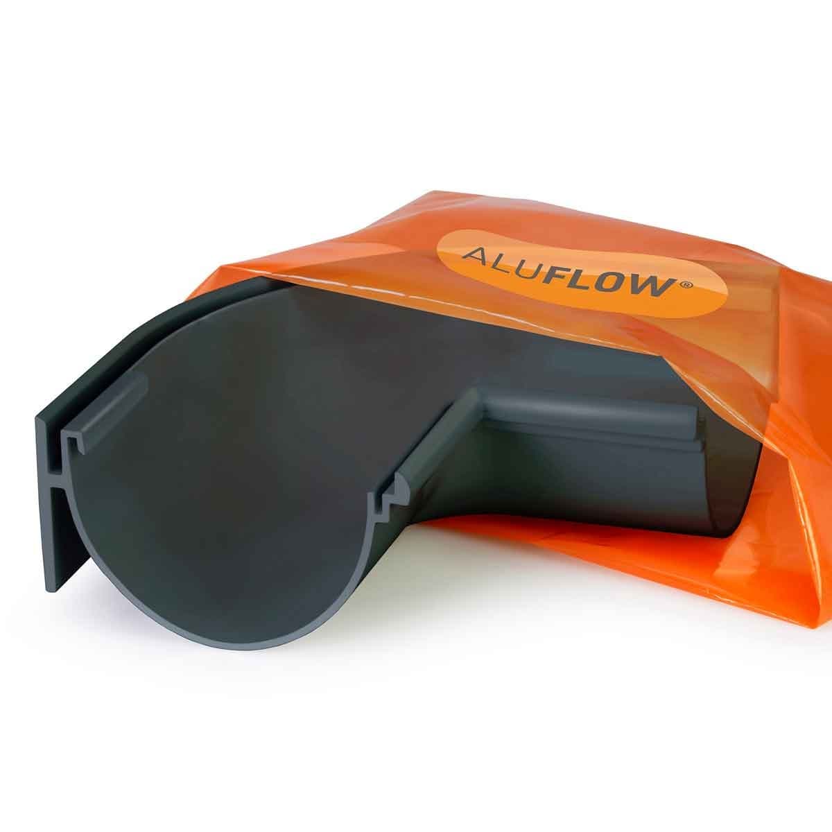 Grey deep flow internal angle gutter fitting made of durable plastic, featuring a smooth finish and packaged in an orange ALUFLOW bag.
