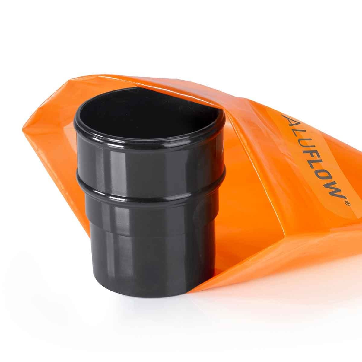 Grey Aluflow downpipe connector made of durable plastic, featuring a smooth finish and a cylindrical shape, packaged in an orange bag with the brand name.