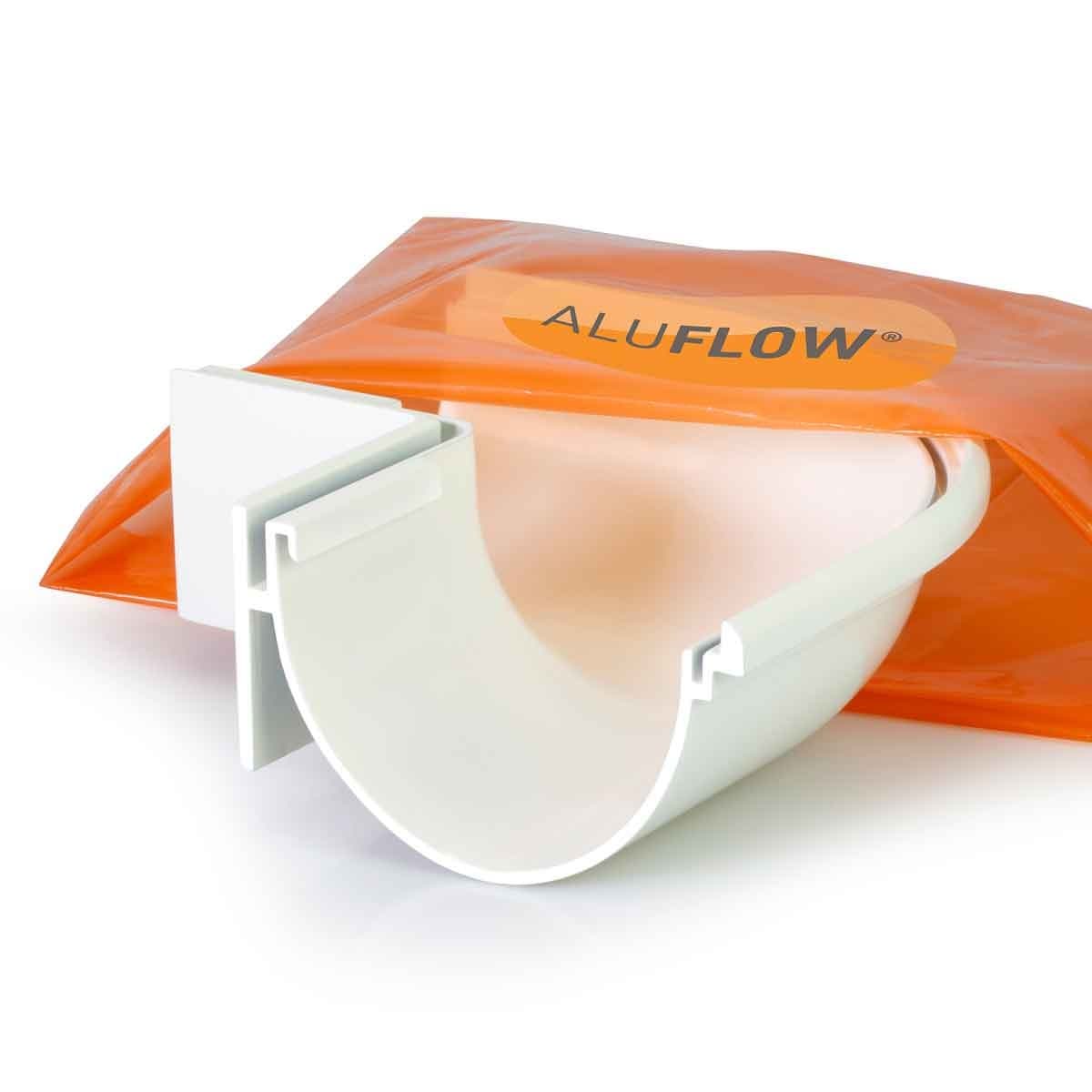 White deep flow gutter 90-degree external angle made from durable material, featuring a smooth finish and designed for efficient water drainage, packaged in an orange bag.