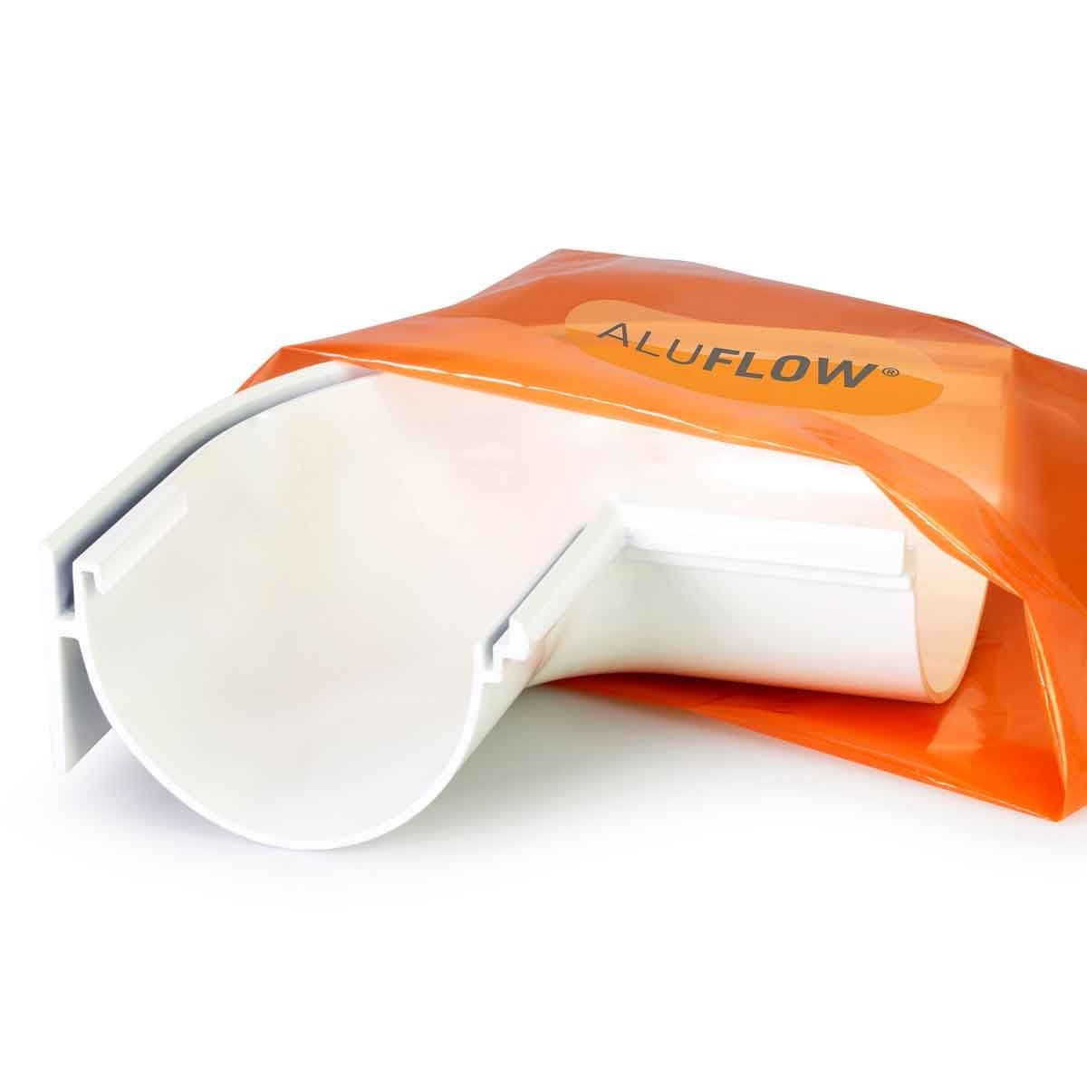 White deep flow internal angle gutter fitting made of durable plastic, featuring a 90-degree bend, packaged in an orange Aluflow bag.