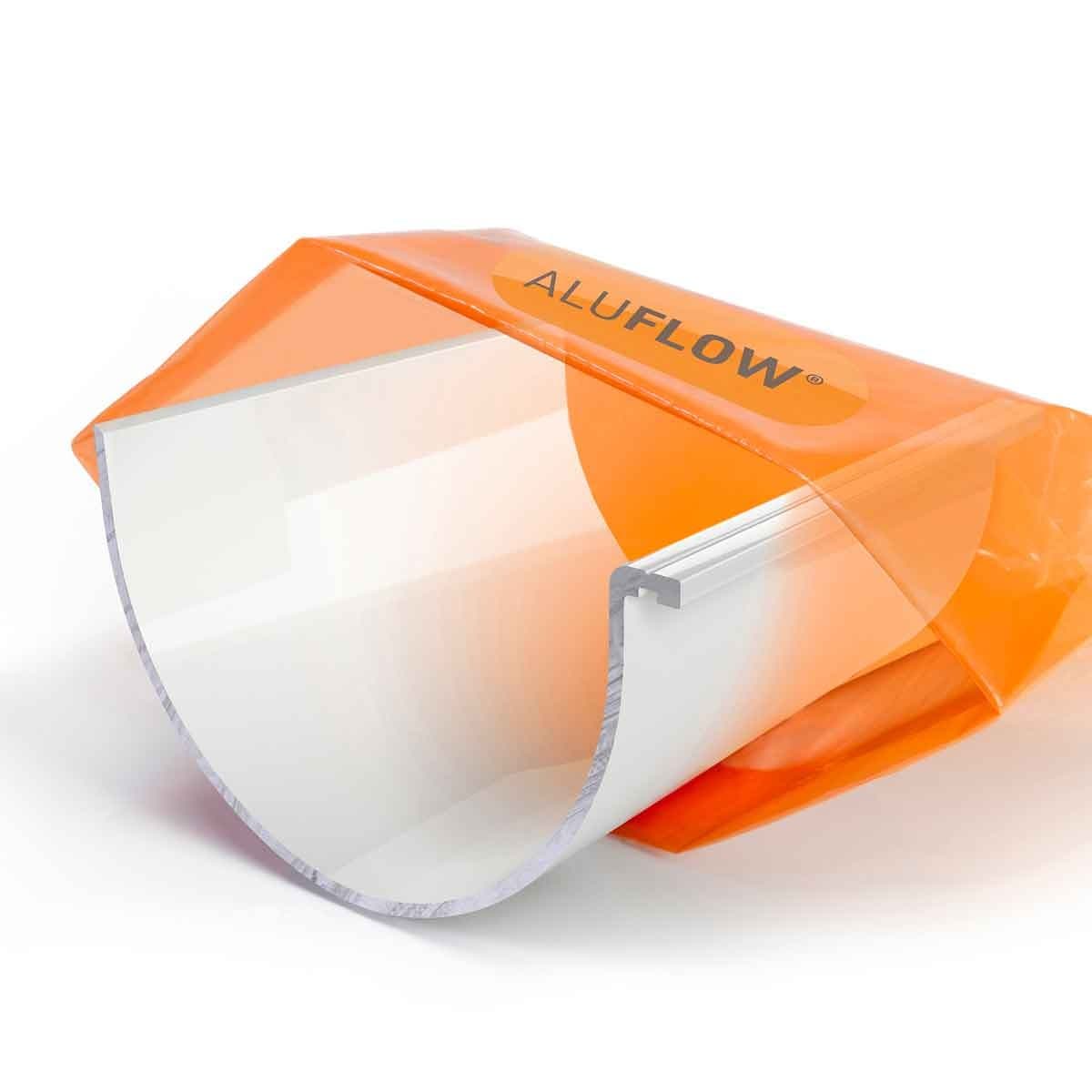White deep flow gutter union made from durable plastic, featuring a smooth, curved design and an orange protective cover with "ALUFLOW" branding.
