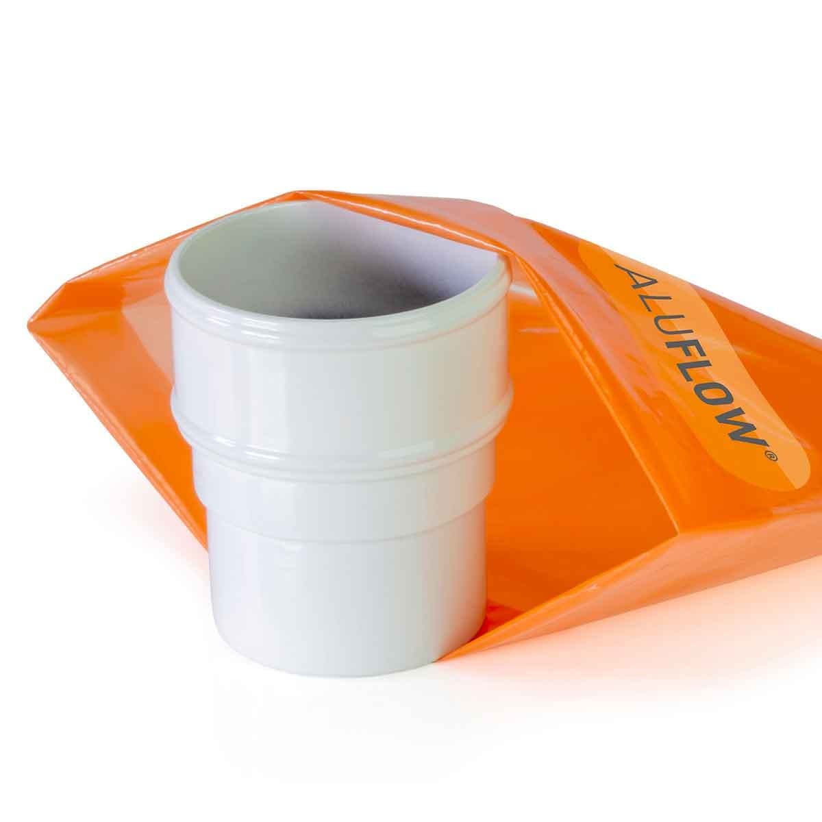 White Aluflow downpipe connector made of durable plastic, featuring a smooth finish and a tapered design for easy installation, placed on an orange packaging.