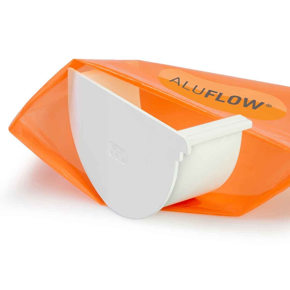 White deep flow left stopend gutter by Aluflow, made from durable material, featuring a smooth finish and a curved design for effective water drainage.