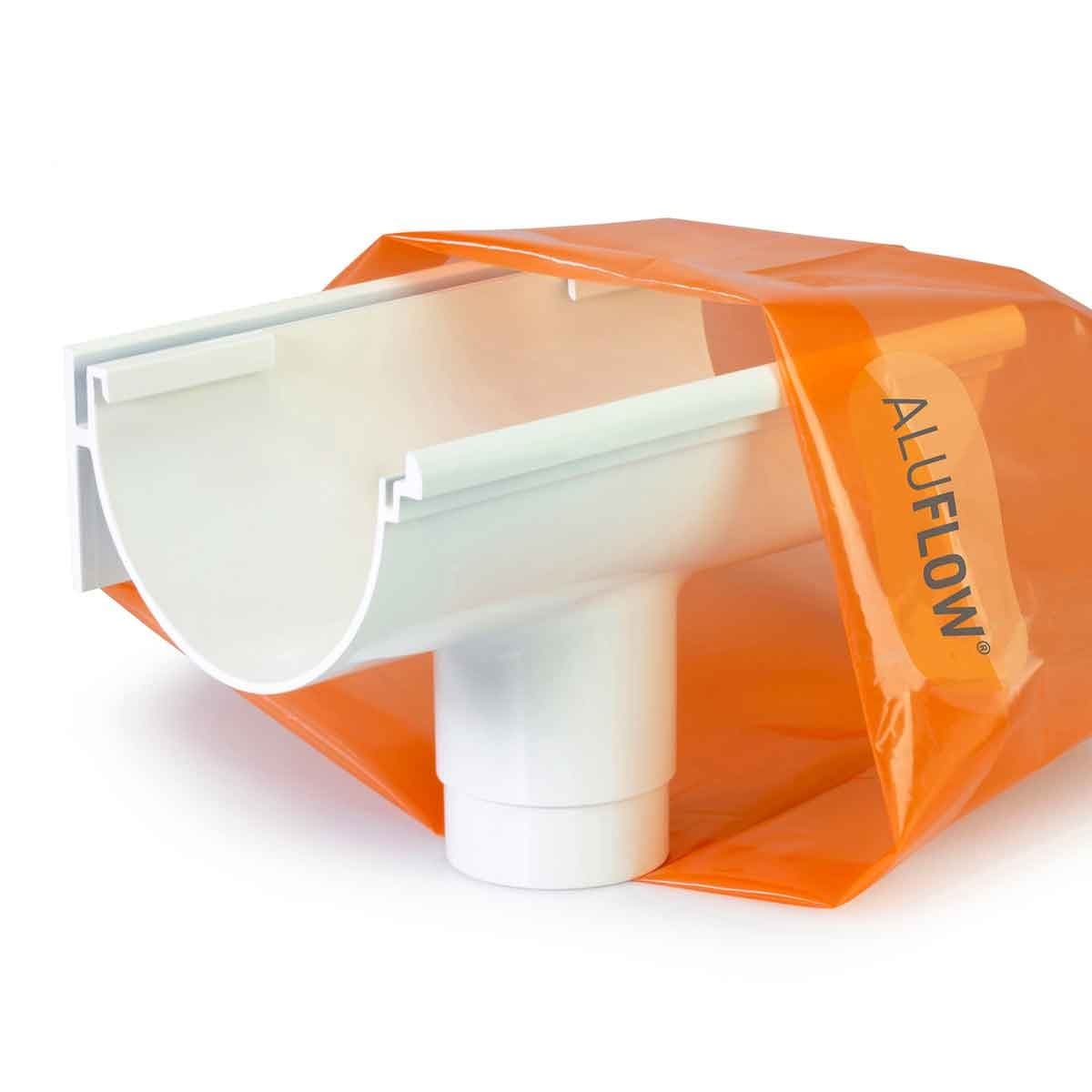 White deep flow running outlet made of durable plastic, featuring a smooth finish and a connecting pipe, packaged in an orange protective bag with "ALUFLOW" branding.