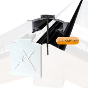 White Alukap-XR hip bar with a length of 4800mm, featuring a black rafter gasket and a white end cap, designed for roofing applications.