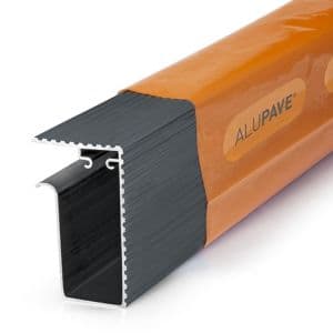 Grey fireproof flat roof and decking side gutter, 2m long, featuring a sleek aluminum design with a textured finish and an orange protective coating labeled "ALUPAVE."