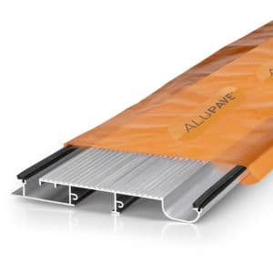 Alupave Fireproof Full-Seal Flat Roof and Decking Board in orange packaging, featuring a metallic silver board with a ridged surface and black sealing edges, measuring 2 meters.