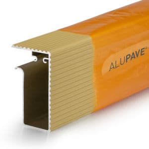 Alupave fireproof flat roof and decking side gutter in orange and beige, featuring a durable aluminum construction with a ridged design and clear branding.