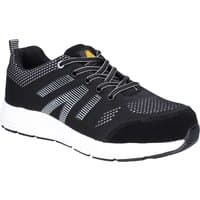 Black Amblers safety trainer with white sole, lace-up front, and mesh detailing.