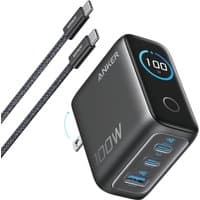 Black Anker B121B fast charger with digital display, three USB-C ports, and two braided USB-C cables.