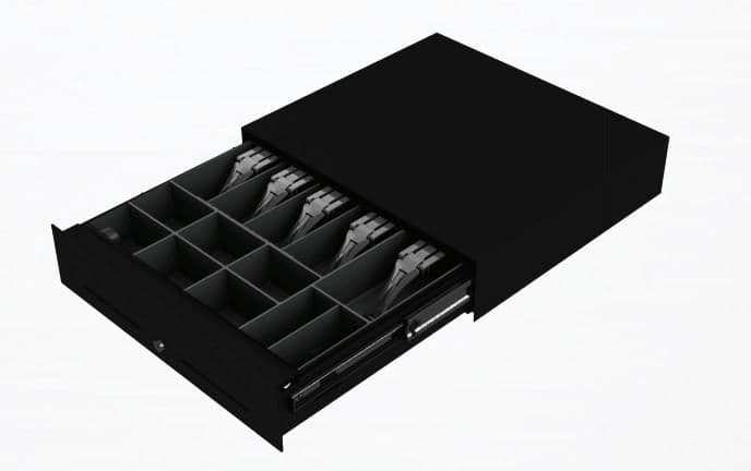 Low height black drawer with multiple compartments, designed for organization, featuring a smooth slide mechanism and a sleek, modern appearance.