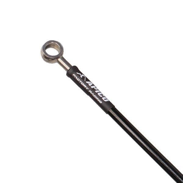 Black brake hose with a metal end fitting, featuring the "Apico Factory Racing" logo, designed for Suzuki RM 125/250 models from 1999 to 2003.