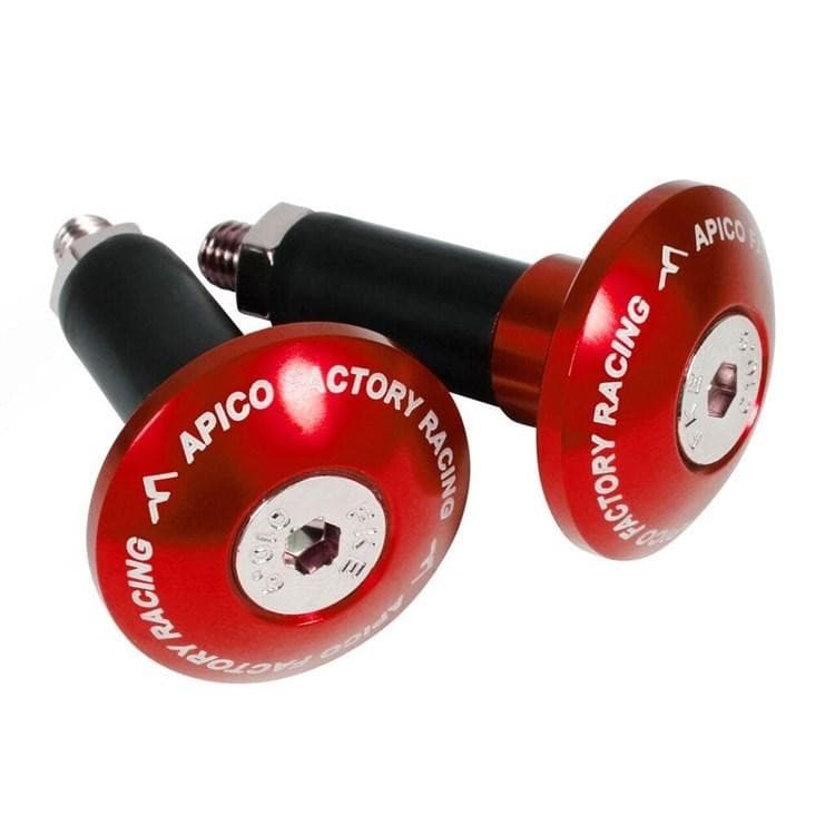 Red aluminum handlebar bar end plugs with a 14mm diameter, featuring a silver logo and a black rubber insert for secure fitting.