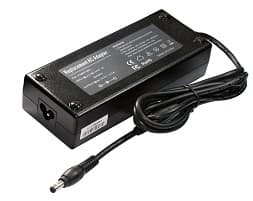 Black ASUS power adapter with a rectangular design, featuring a textured surface, a power input port, and a long cable for indoor use, rated at 120 W.
