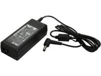 Black ASUS power adapter with a 65W output, featuring a rectangular design, a power cord, and a cylindrical connector for easy device connection.